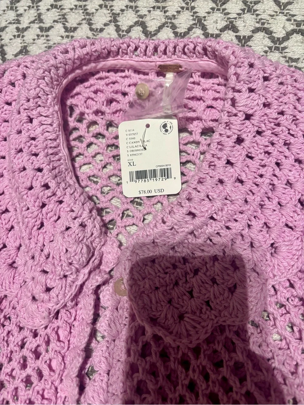 Free People Lily Crochet Top Embroidered Buttonddown Candy Lilac Cropped XL NEW - Picture 6 of 8